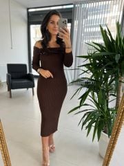 My Acı Kahve Omuz Tokalı Triko Kalem Elbise