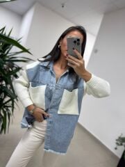 Spt 3431 Denim Detaylı Triko Ceket