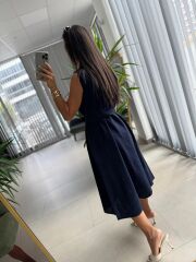 Ms 2110 Ceket Yaka Düğmeli Kolsuz Laci Keten Elbise