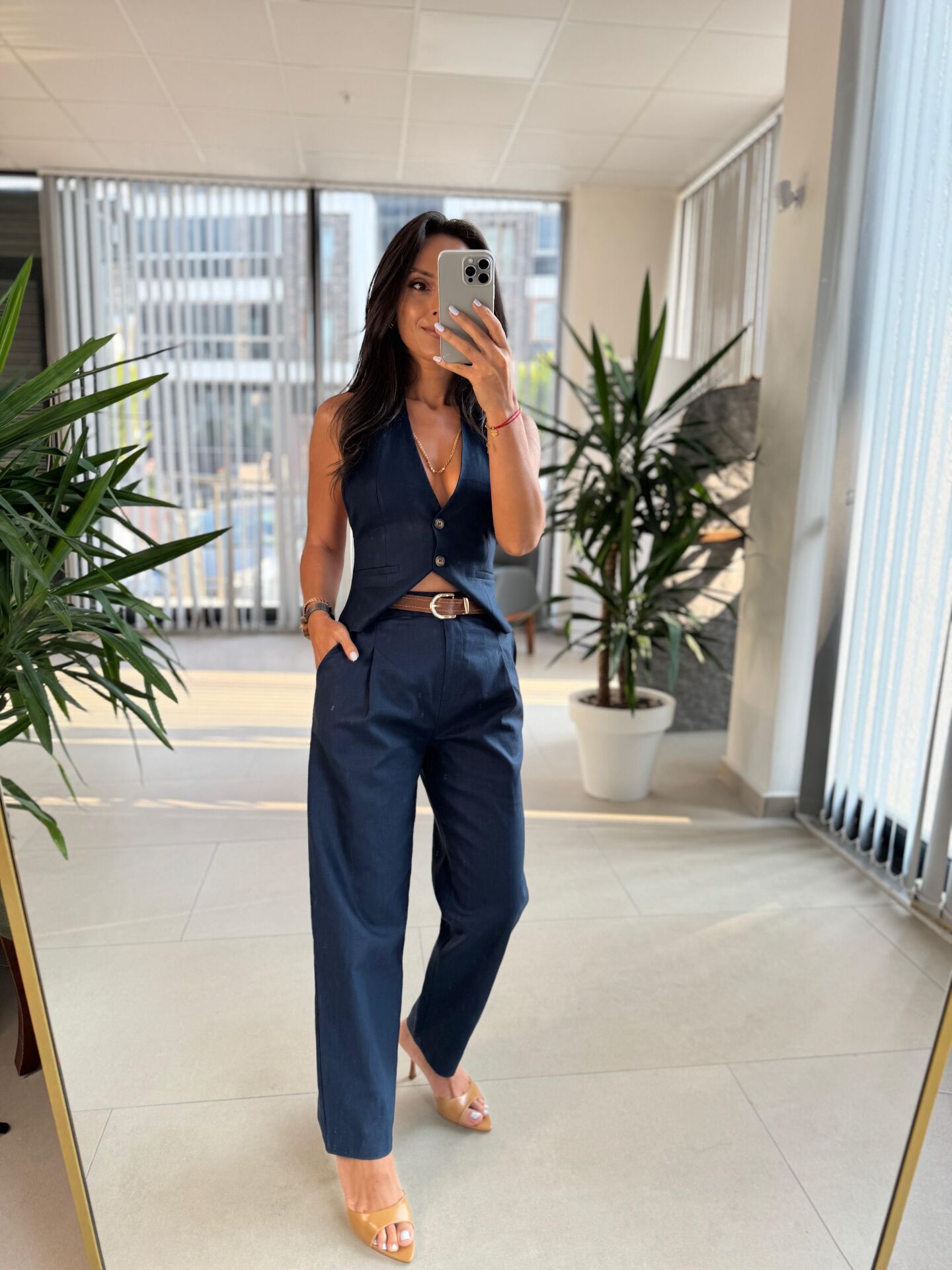 Fw 7238 İndigo Kahve Kemerli  Yelekli Takım