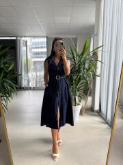 Ms 2110 Ceket Yaka Düğmeli Kolsuz Laci Keten Elbise