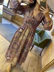 Zr paisley pattern burgundy chiffon dress
