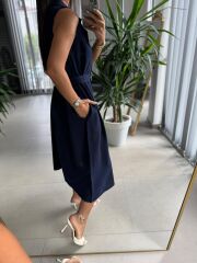 Ms 2110 Ceket Yaka Düğmeli Kolsuz Laci Keten Elbise