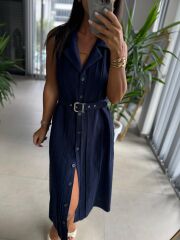 Ms 2110 Ceket Yaka Düğmeli Kolsuz Laci Keten Elbise