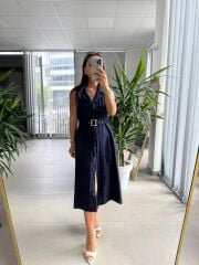 Ms 2110 Ceket Yaka Düğmeli Kolsuz Laci Keten Elbise