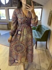 Zr paisley pattern burgundy chiffon dress