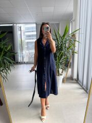 Ms 2110 Ceket Yaka Düğmeli Kolsuz Laci Keten Elbise