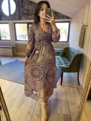 Zr şal desen bordo şifon elbise