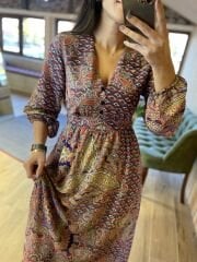 Zr paisley pattern burgundy chiffon dress