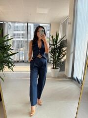 Fw 7238 İndigo Kahve Kemerli  Yelekli Takım