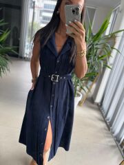 Ms 2110 Ceket Yaka Düğmeli Kolsuz Laci Keten Elbise