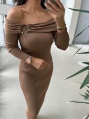My Camel Omuz Tokalı Triko Kalem Elbise