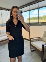 Wo Polo Collar Black Checkered Tweed Dress