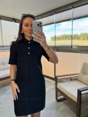 Wo Polo Collar Black Checkered Tweed Dress
