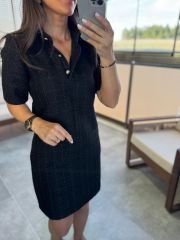 Wo Polo Collar Black Checkered Tweed Dress