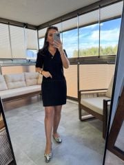 Wo Polo Collar Black Checkered Tweed Dress