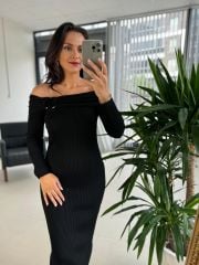 My Siyah Omuz Tokalı Triko Kalem Elbise