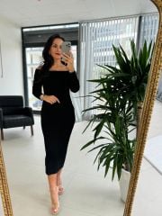 My Siyah Omuz Tokalı Triko Kalem Elbise