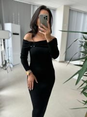 My Siyah Omuz Tokalı Triko Kalem Elbise