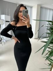 My Siyah Omuz Tokalı Triko Kalem Elbise