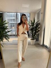 Fw 7238 Naturel Kahve Kemerli  Yelekli Takım