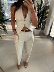 Fw 7238 Natürel Kahve Kemerli  Yelekli Takım