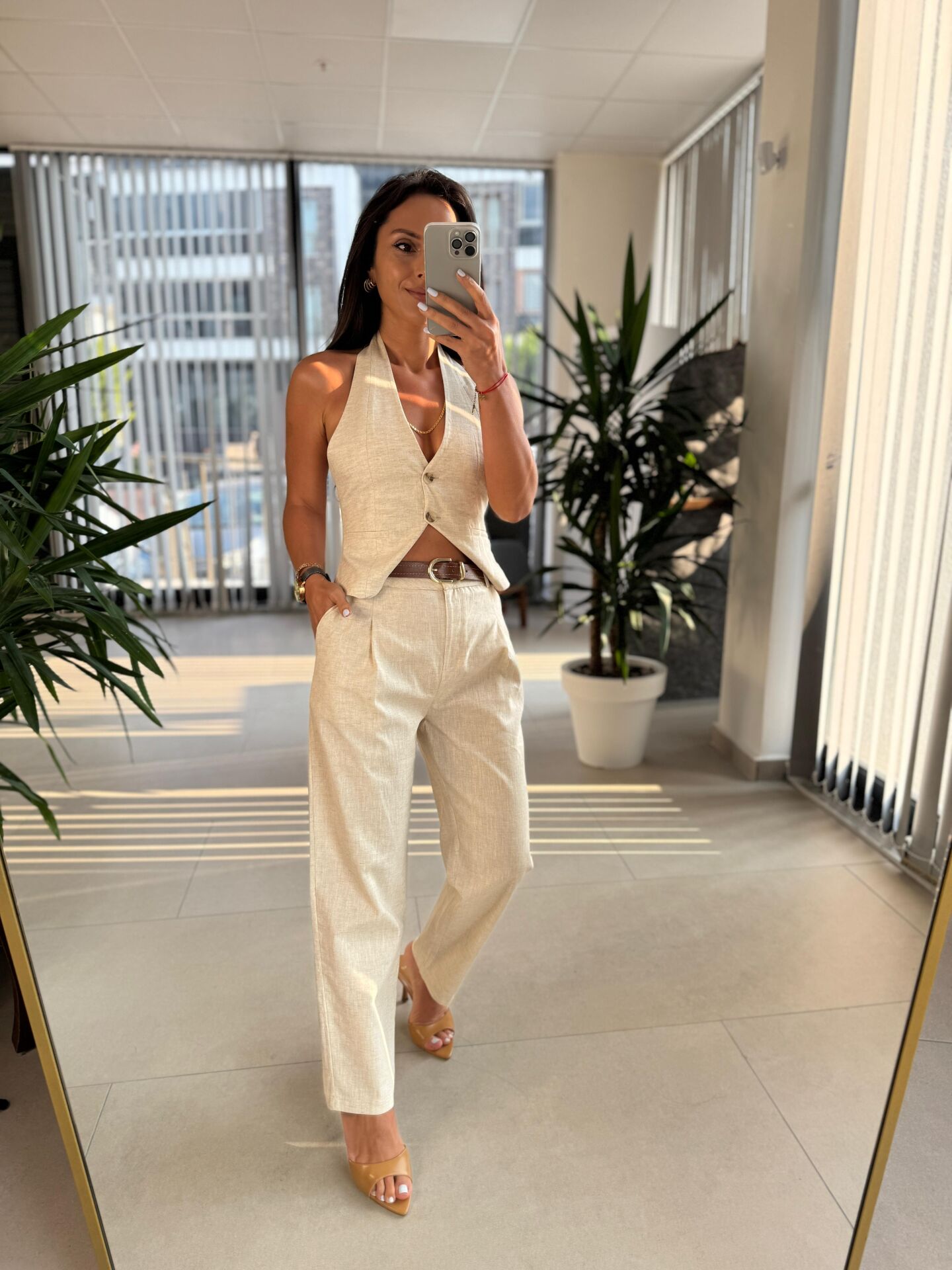 Fw 7238 Natürel Kahve Kemerli  Yelekli Takım