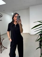 Art 4018 Kısa Kollu Fermuarlı Siyah Modal Takım