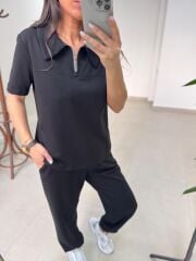 Art 4018 Kısa Kollu Fermuarlı Siyah Modal Takım