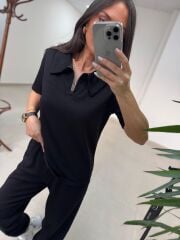 Art 4018 Kısa Kollu Fermuarlı Siyah Modal Takım