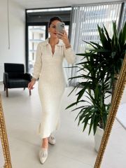 My Yakalı Krem Triko Elbise