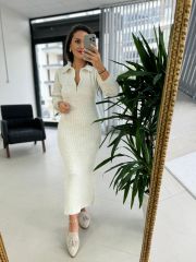 My Yakalı Krem Triko Elbise