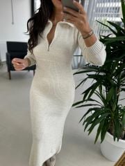 My Yakalı Krem Triko Elbise