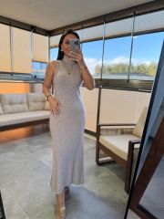Dv 90239 Stand Collar Mink Knit Pencil Dress