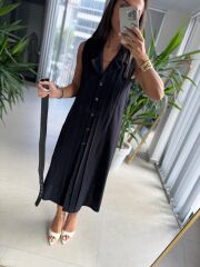 Ms 2110 Ceket Yaka Düğmeli Kolsuz Siyah Keten Elbise