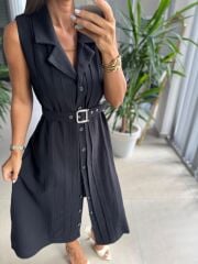 Ms 2110 Ceket Yaka Düğmeli Kolsuz Siyah Keten Elbise