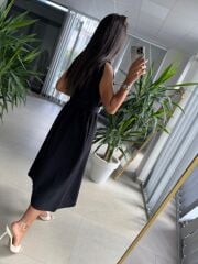 Ms 2110 Ceket Yaka Düğmeli Kolsuz Siyah Keten Elbise