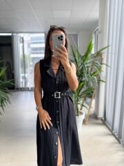 Ms 2110 Ceket Yaka Düğmeli Kolsuz Siyah Keten Elbise