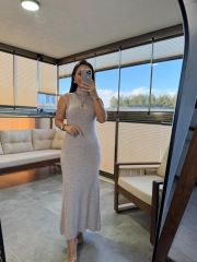 Dv 90239 Stand Collar Mink Knit Pencil Dress