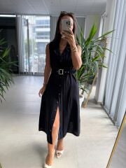 Ms 2110 Ceket Yaka Düğmeli Kolsuz Siyah Keten Elbise