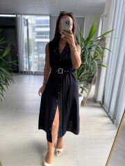 Ms 2110 Ceket Yaka Düğmeli Kolsuz Siyah Keten Elbise