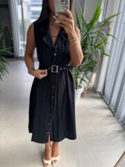 Ms 2110 Ceket Yaka Düğmeli Kolsuz Siyah Keten Elbise