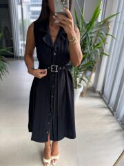 Ms 2110 Ceket Yaka Düğmeli Kolsuz Siyah Keten Elbise