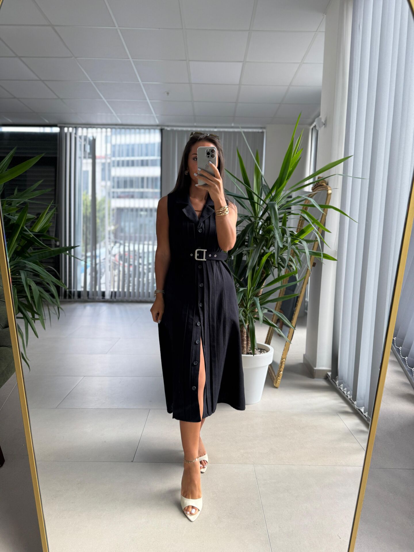 Ms 2110 Ceket Yaka Düğmeli Kolsuz Siyah Keten Elbise