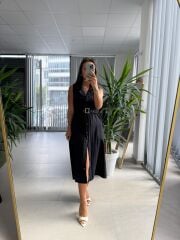 Ms 2110 Ceket Yaka Düğmeli Kolsuz Siyah Keten Elbise