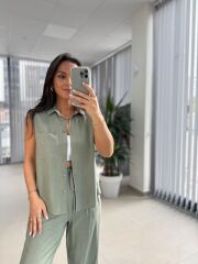 Cr 5598 Gömlek Yaka Çağla Yeşili Takım