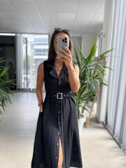 Ms 2110 Ceket Yaka Düğmeli Kolsuz Siyah Keten Elbise