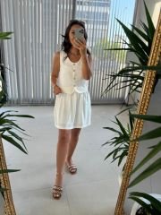 Sg Cream Bone Buttoned Vested Linen Dress