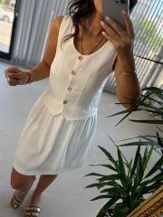 Sg Cream Bone Buttoned Vested Linen Dress