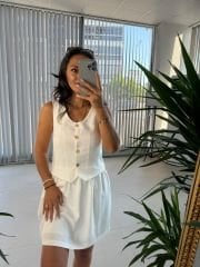 Sg Cream Bone Buttoned Vested Linen Dress